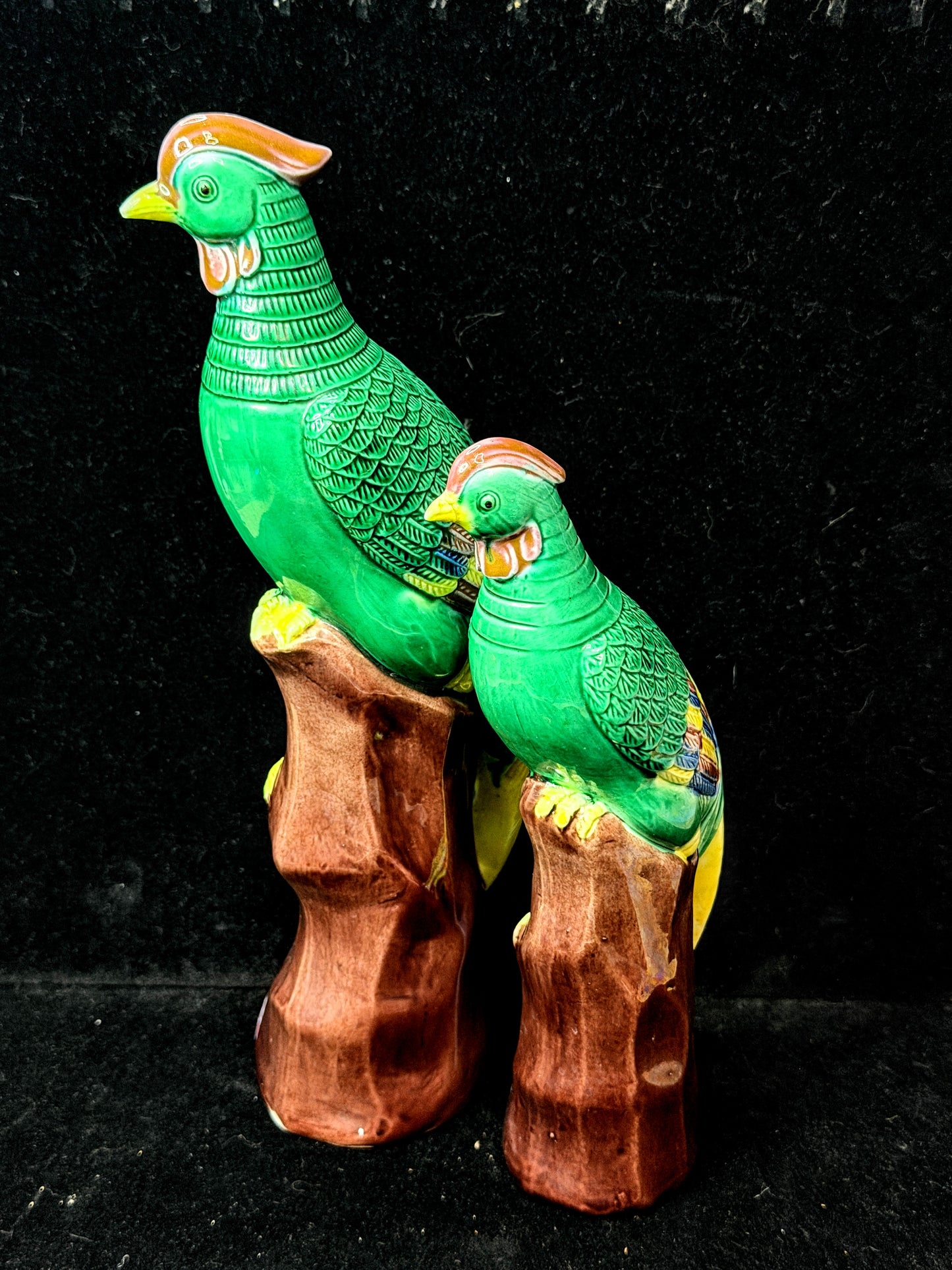 Vintage Chinese Green Glazed Phoenix Bird Figurines on Tree Stumps Pair A1155