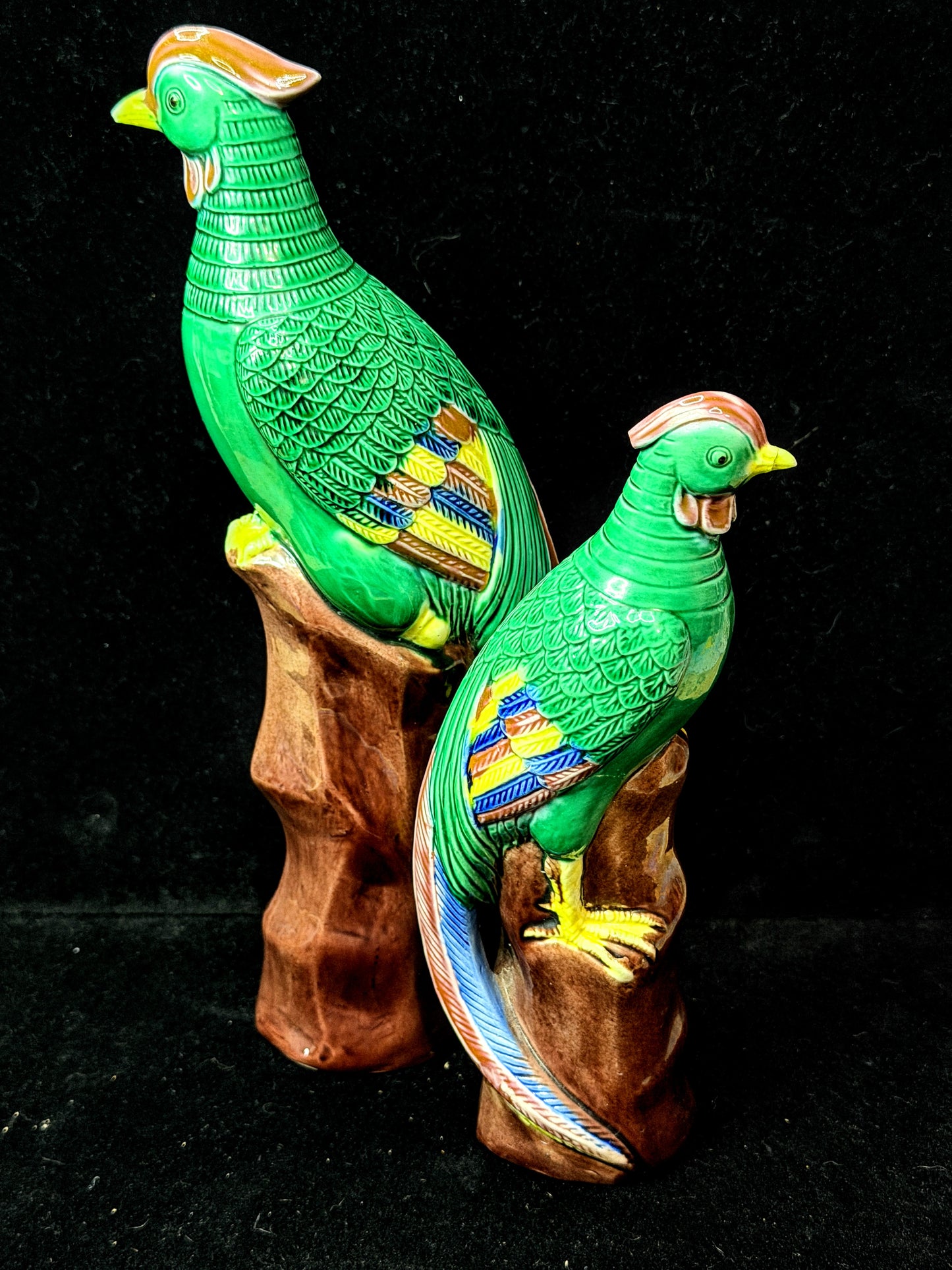 Vintage Chinese Green Glazed Phoenix Bird Figurines on Tree Stumps Pair A1155