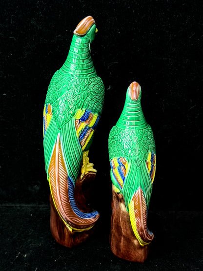 Vintage Chinese Green Glazed Phoenix Bird Figurines on Tree Stumps Pair A1155