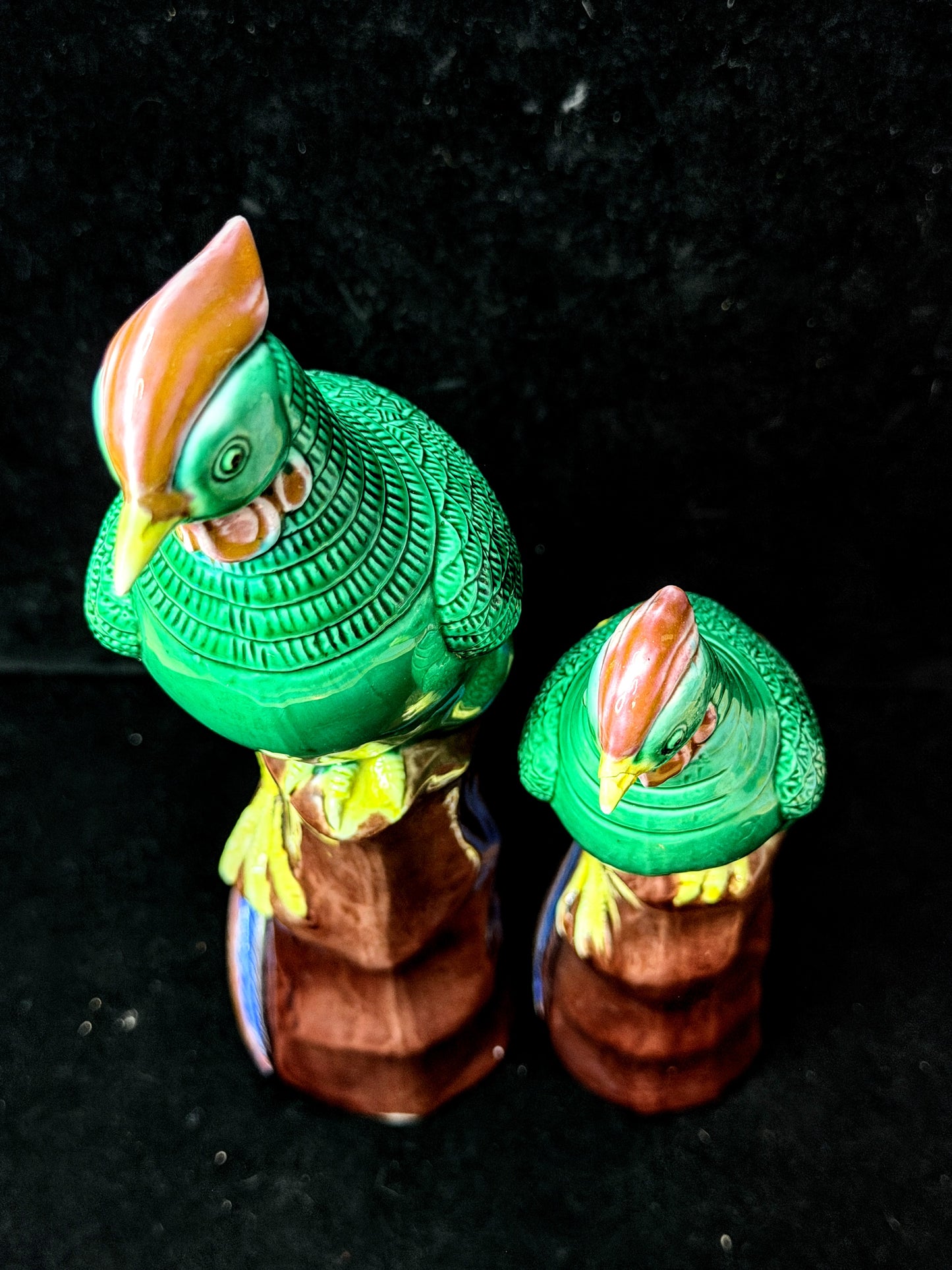 Vintage Chinese Green Glazed Phoenix Bird Figurines on Tree Stumps Pair A1155