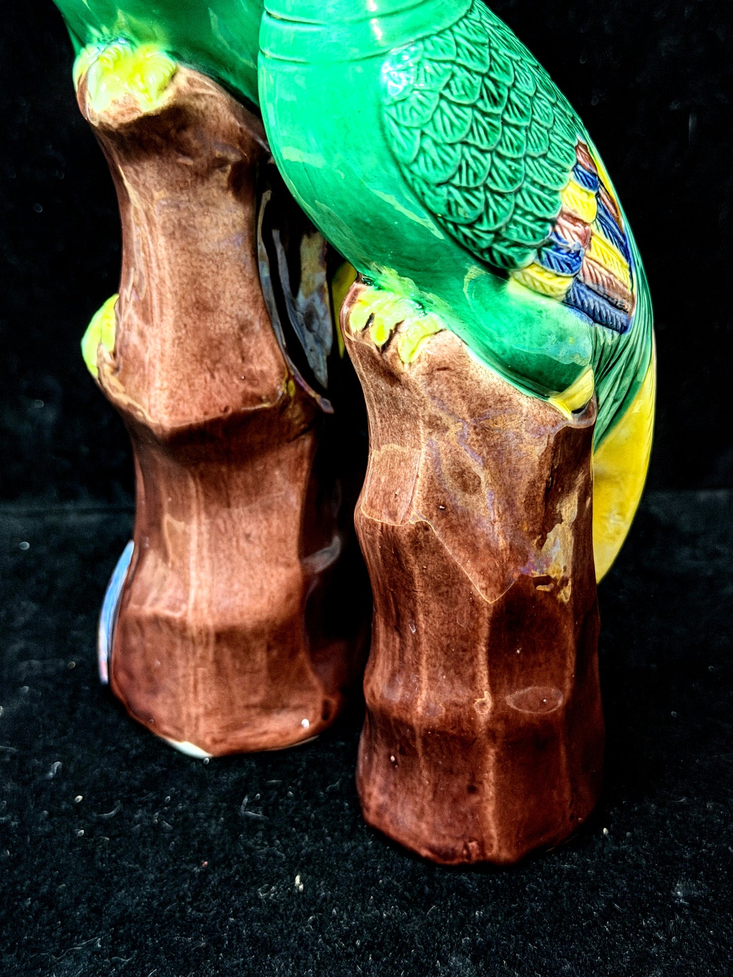 Vintage Chinese Green Glazed Phoenix Bird Figurines on Tree Stumps Pair A1155