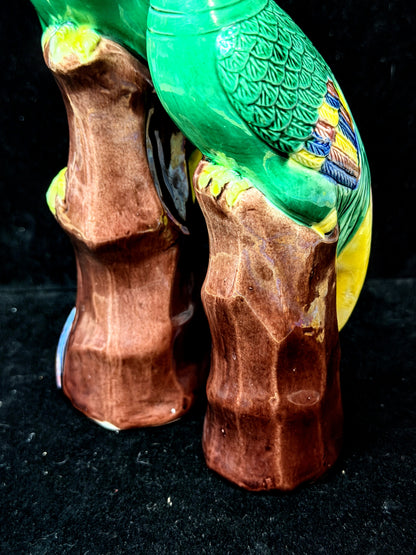 Vintage Chinese Green Glazed Phoenix Bird Figurines on Tree Stumps Pair A1155