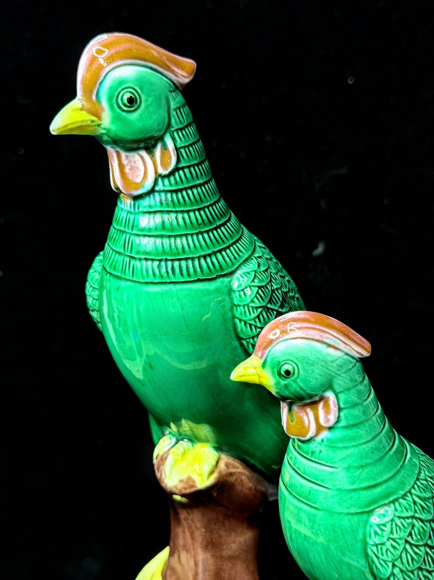 Vintage Chinese Green Glazed Phoenix Bird Figurines on Tree Stumps Pair A1155
