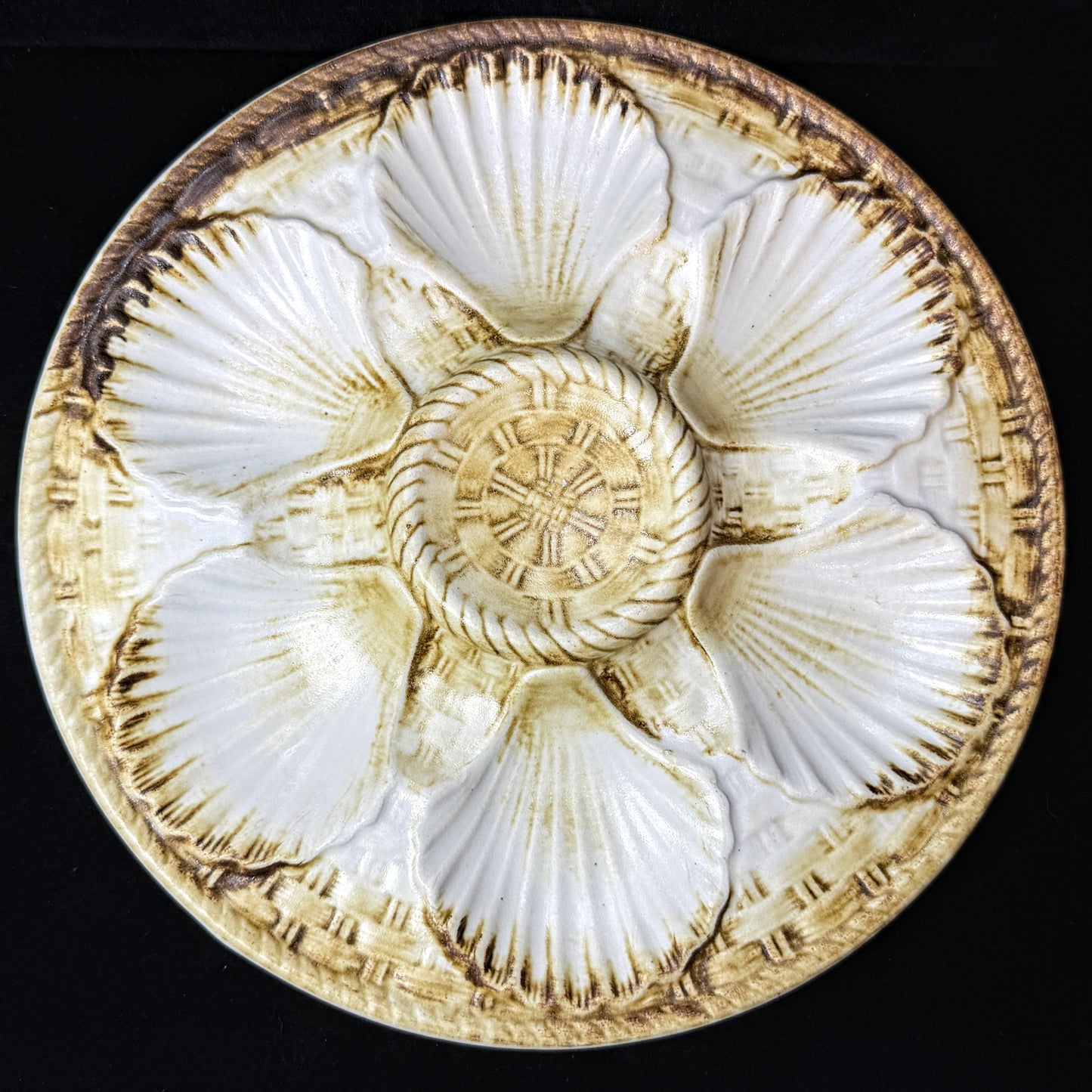 Vintage Longchamp France Majolica Oyster Serving Plate Brown White Shells A1149