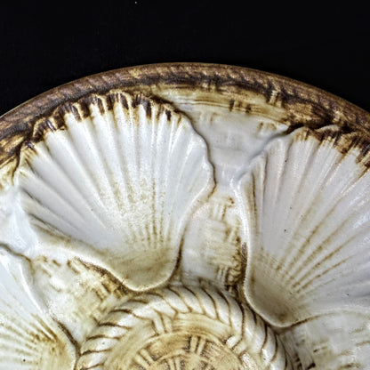 Vintage Longchamp France Majolica Oyster Serving Plate Brown White Shells A1149