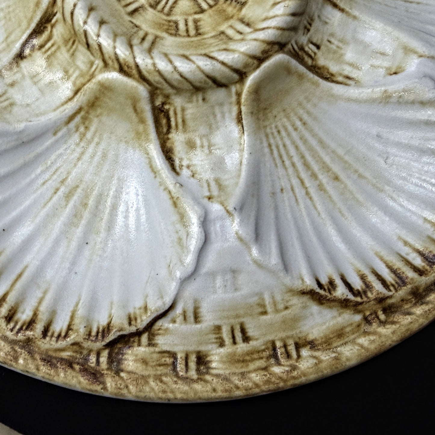 Vintage Longchamp France Majolica Oyster Serving Plate Brown White Shells A1149