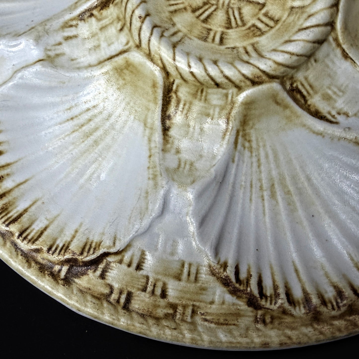 Vintage Longchamp France Majolica Oyster Serving Plate Brown White Shells A1149