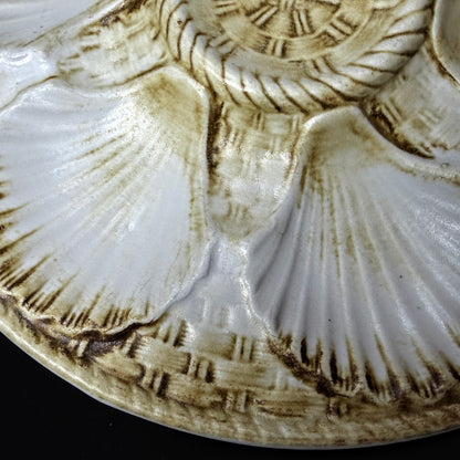 Vintage Longchamp France Majolica Oyster Serving Plate Brown White Shells A1149