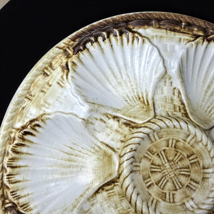 Vintage Longchamp France Majolica Oyster Serving Plate Brown White Shells A1149