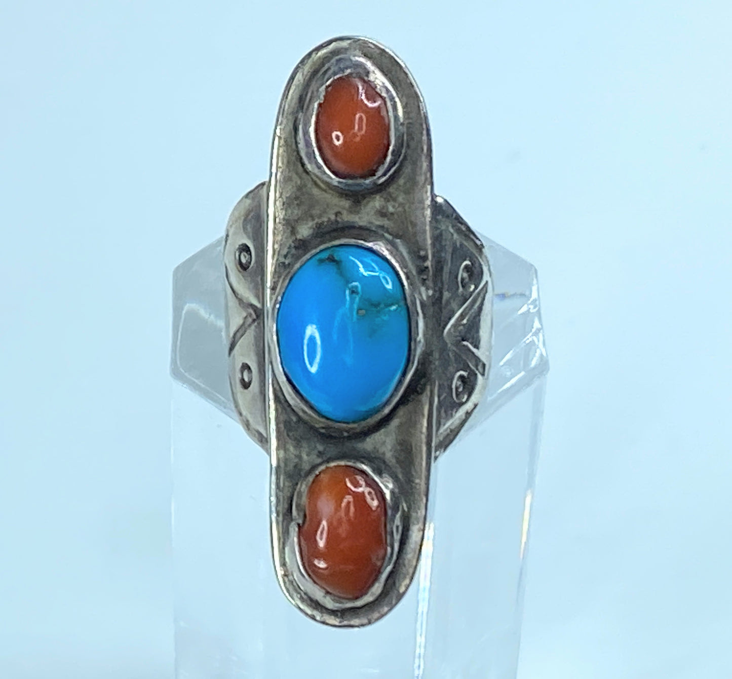 Coral, Turquoise & Sterling Silver Ring Old pawn ring JR9024