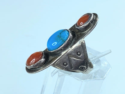 Coral, Turquoise & Sterling Silver Ring Old pawn ring JR9024