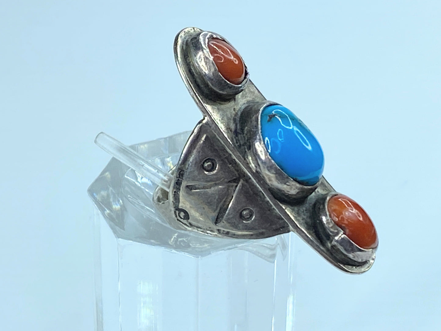 Coral, Turquoise & Sterling Silver Ring Old pawn ring JR9024