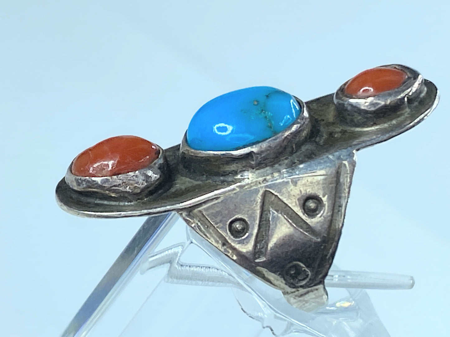 Coral, Turquoise & Sterling Silver Ring Old pawn ring JR9024