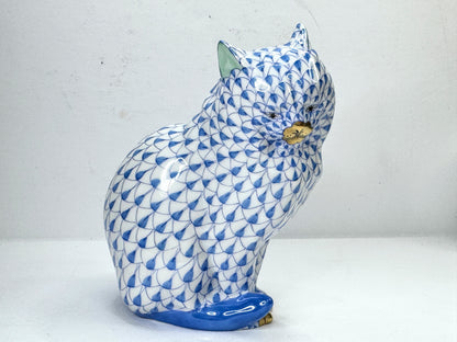 Vintage Herend Blue Fishnet Sitting Cat 24K Gold Hand Painted Hungary A1183