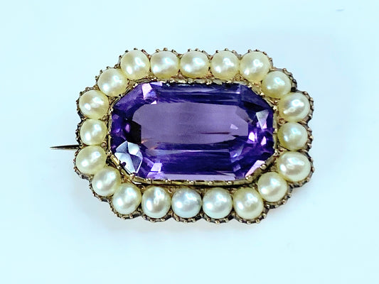 Art Deco Emerald-Cut Amethyst and Pearl Brooch JR9026