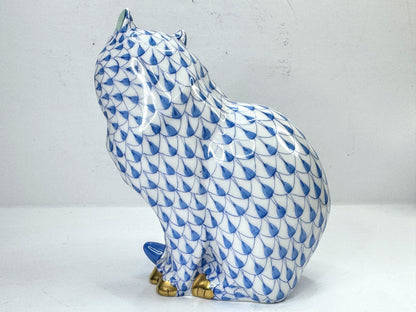 Vintage Herend Blue Fishnet Sitting Cat 24K Gold Hand Painted Hungary A1183