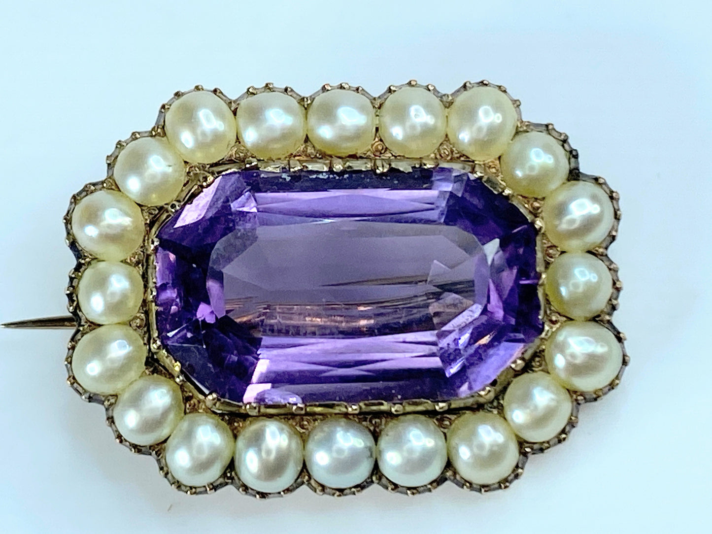 Art Deco Emerald-Cut Amethyst and Pearl Brooch JR9026