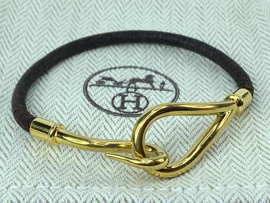 Authentic Hermès Yellow Gold Plated Jumbo Hook Brown Leather Bracelet 7" GS485