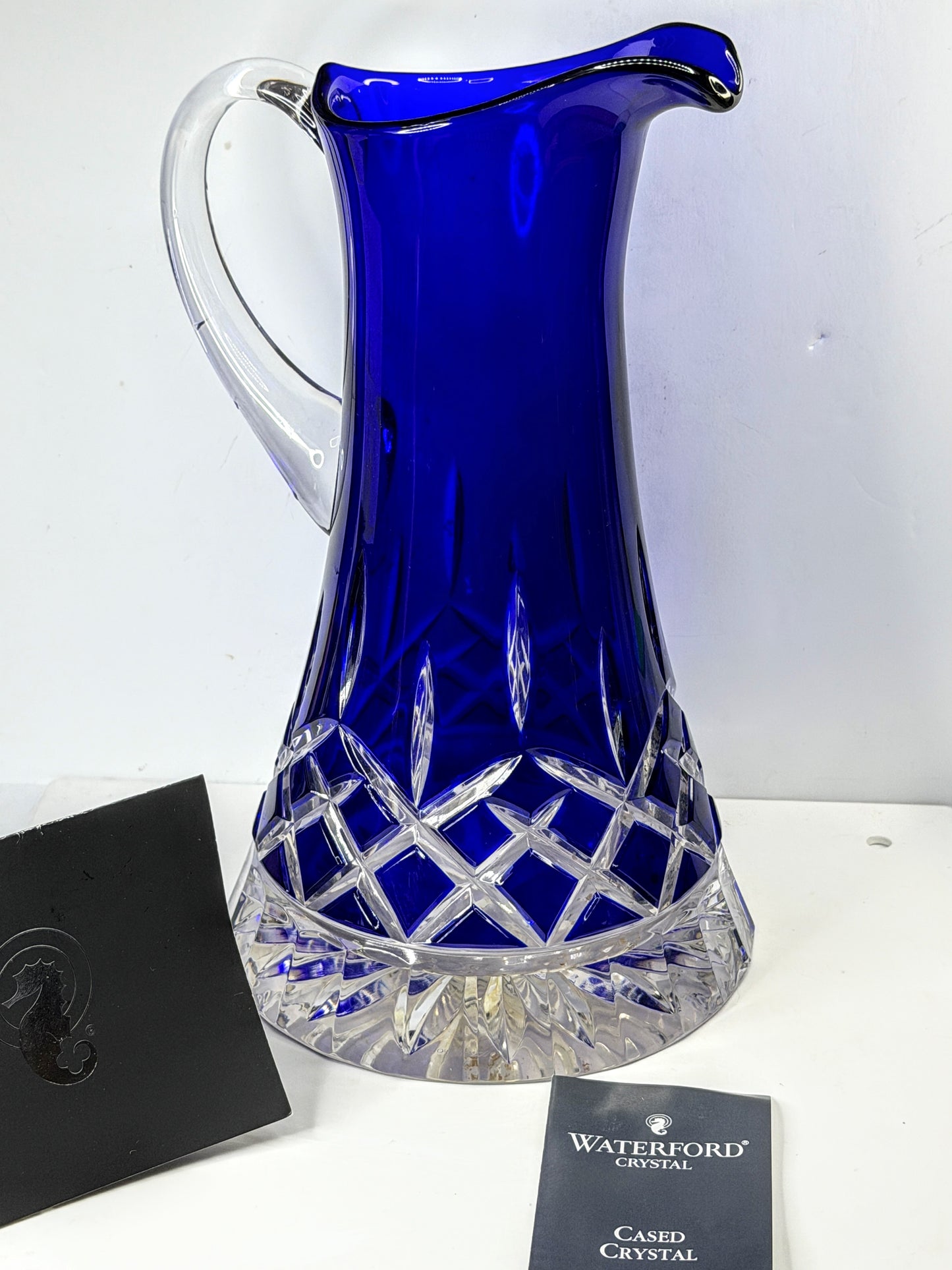 Vintage Waterford signed cobalt blue cased cut crystal water pitcher jug A1159
