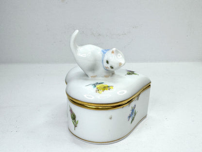 Vintage Herend Hungary Kimberly Heart Cat Trinket Box Hand Painted A1184