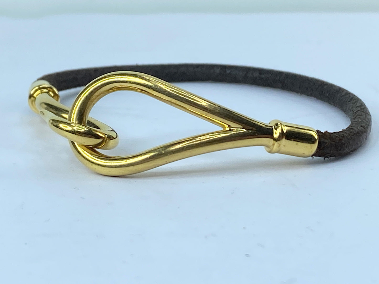 Authentic Hermès Yellow Gold Plated Jumbo Hook Brown Leather Bracelet 7" GS485