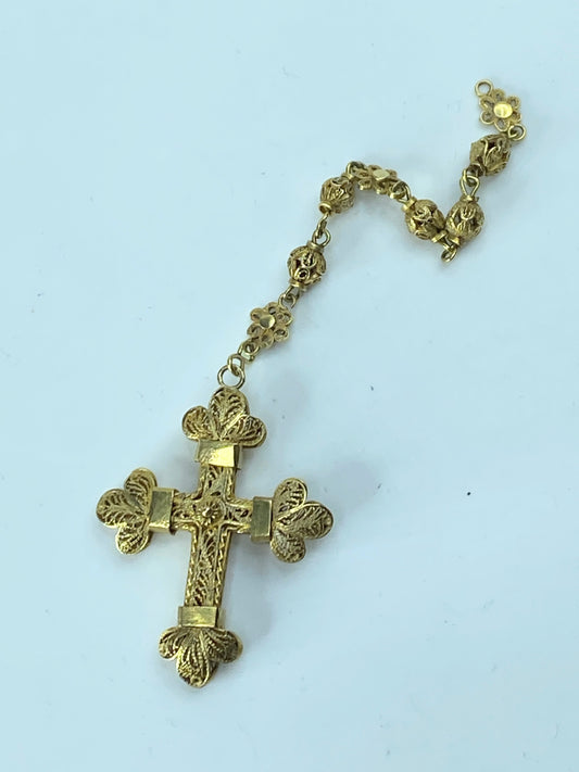 Antique European 12K Rosary filigree Cross And Partial Chain 1 5/8" 8.4g JR179