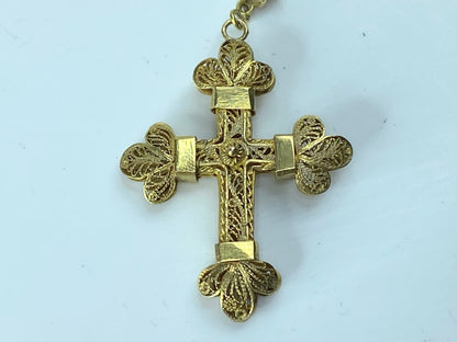 Antique European 12K Rosary filigree Cross And Partial Chain 1 5/8" 8.4g JR179