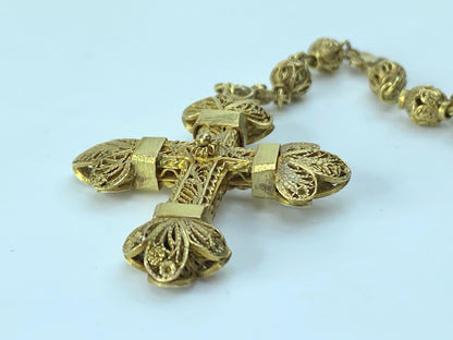 Antique European 12K Rosary filigree Cross And Partial Chain 1 5/8" 8.4g JR179