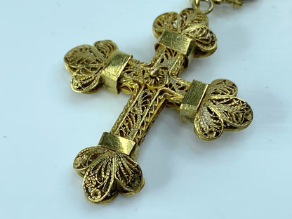 Antique European 12K Rosary filigree Cross And Partial Chain 1 5/8" 8.4g JR179