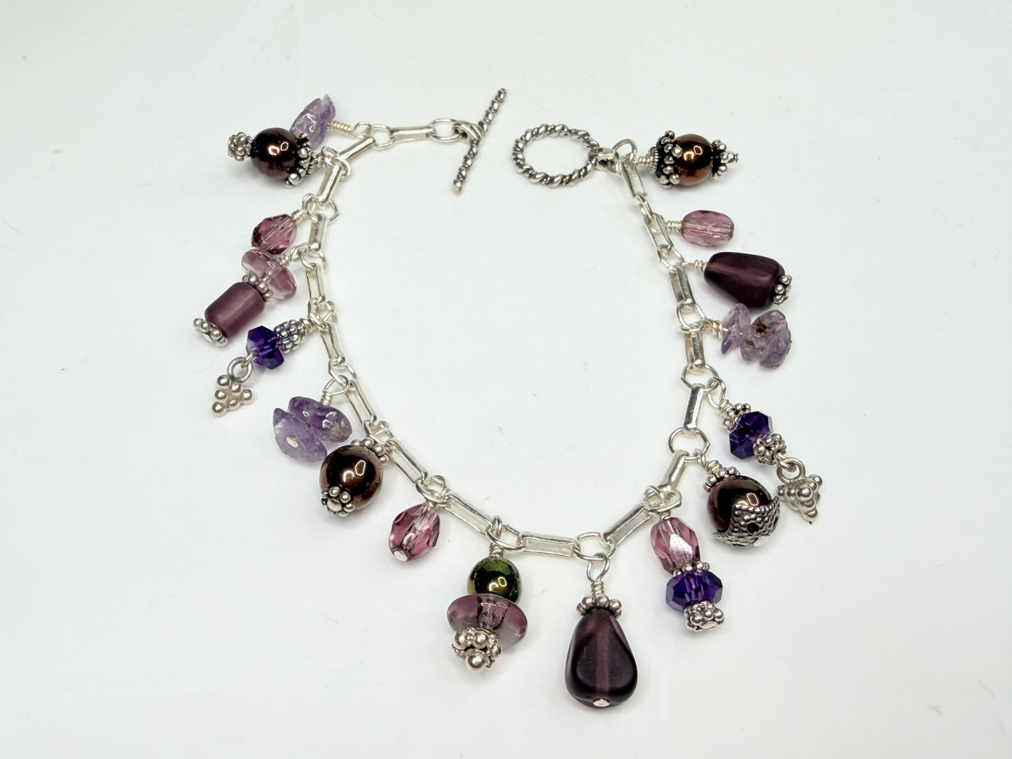 Vintage Sterling Silver Charm Bracelet Amethyst Crystal Hematite 7.25"