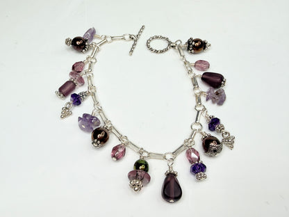 Vintage Sterling Silver Charm Bracelet Amethyst Crystal Hematite 7.25"