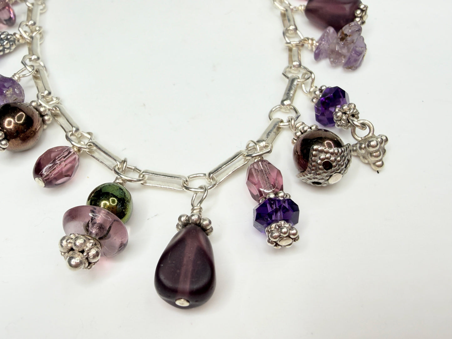 Vintage Sterling Silver Charm Bracelet Amethyst Crystal Hematite 7.25"