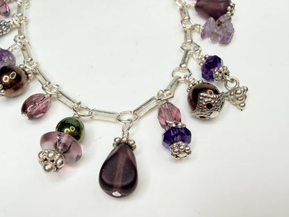 Vintage Sterling Silver Charm Bracelet Amethyst Crystal Hematite 7.25"