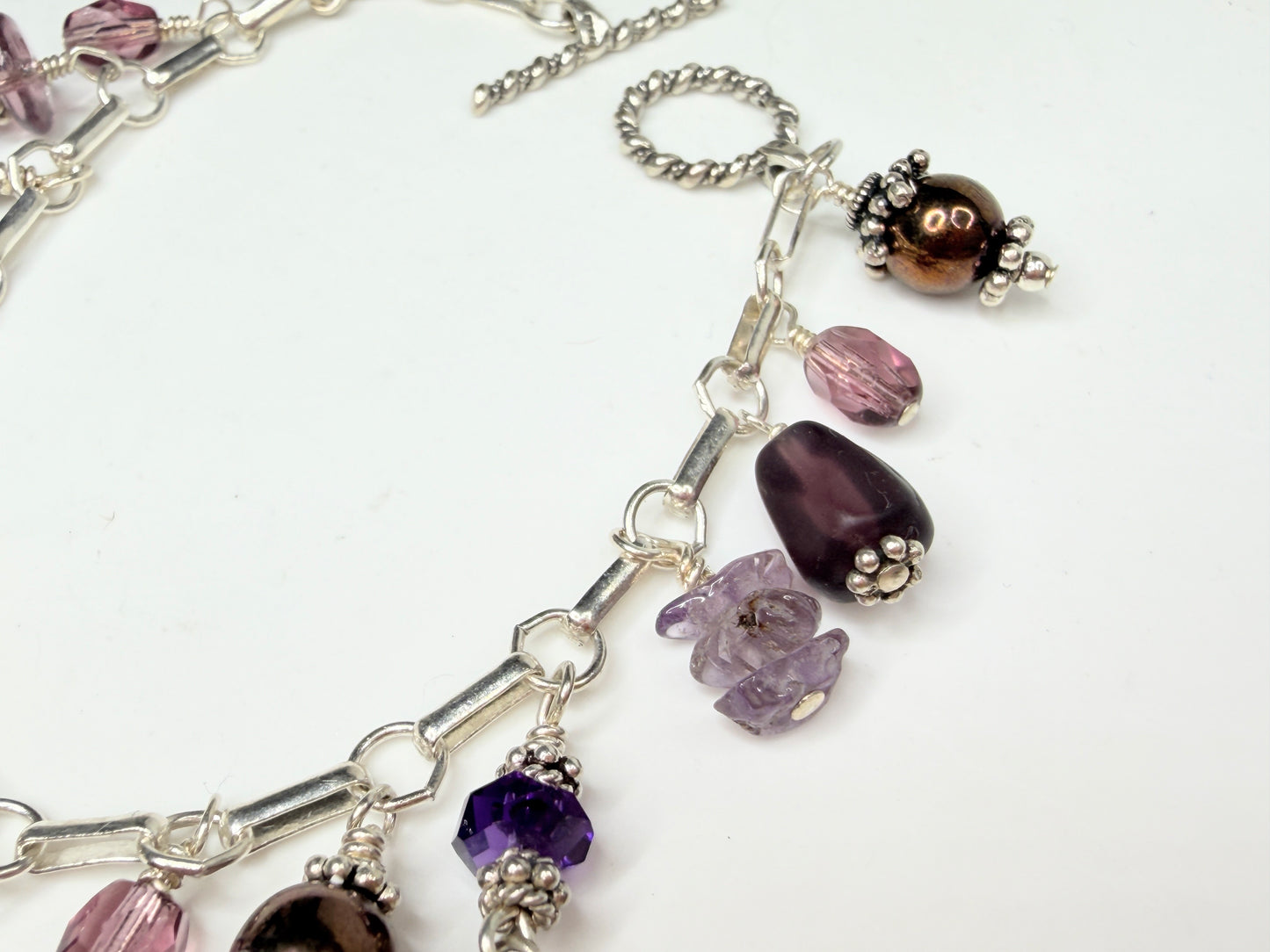 Vintage Sterling Silver Charm Bracelet Amethyst Crystal Hematite 7.25"