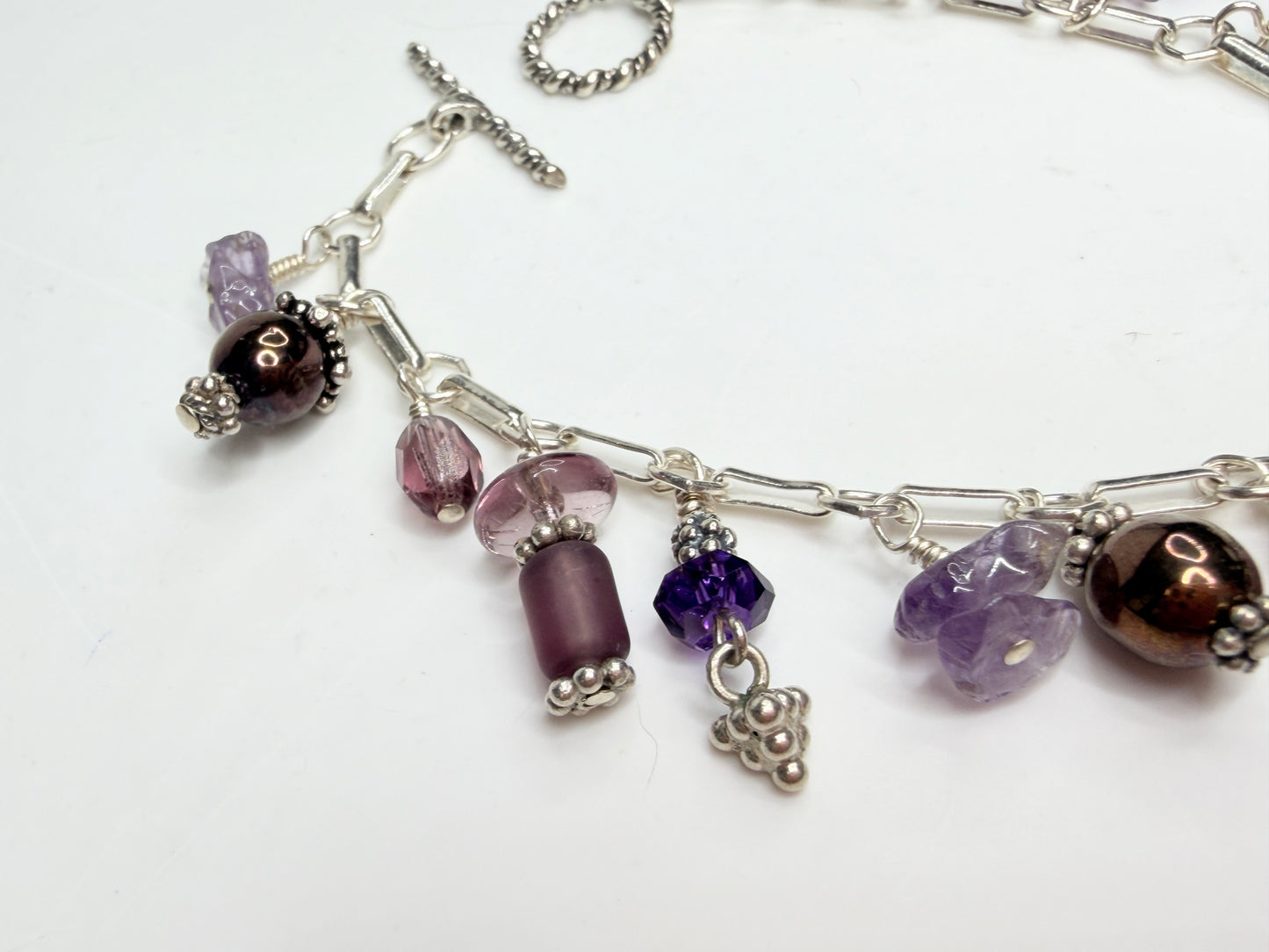 Vintage Sterling Silver Charm Bracelet Amethyst Crystal Hematite 7.25"