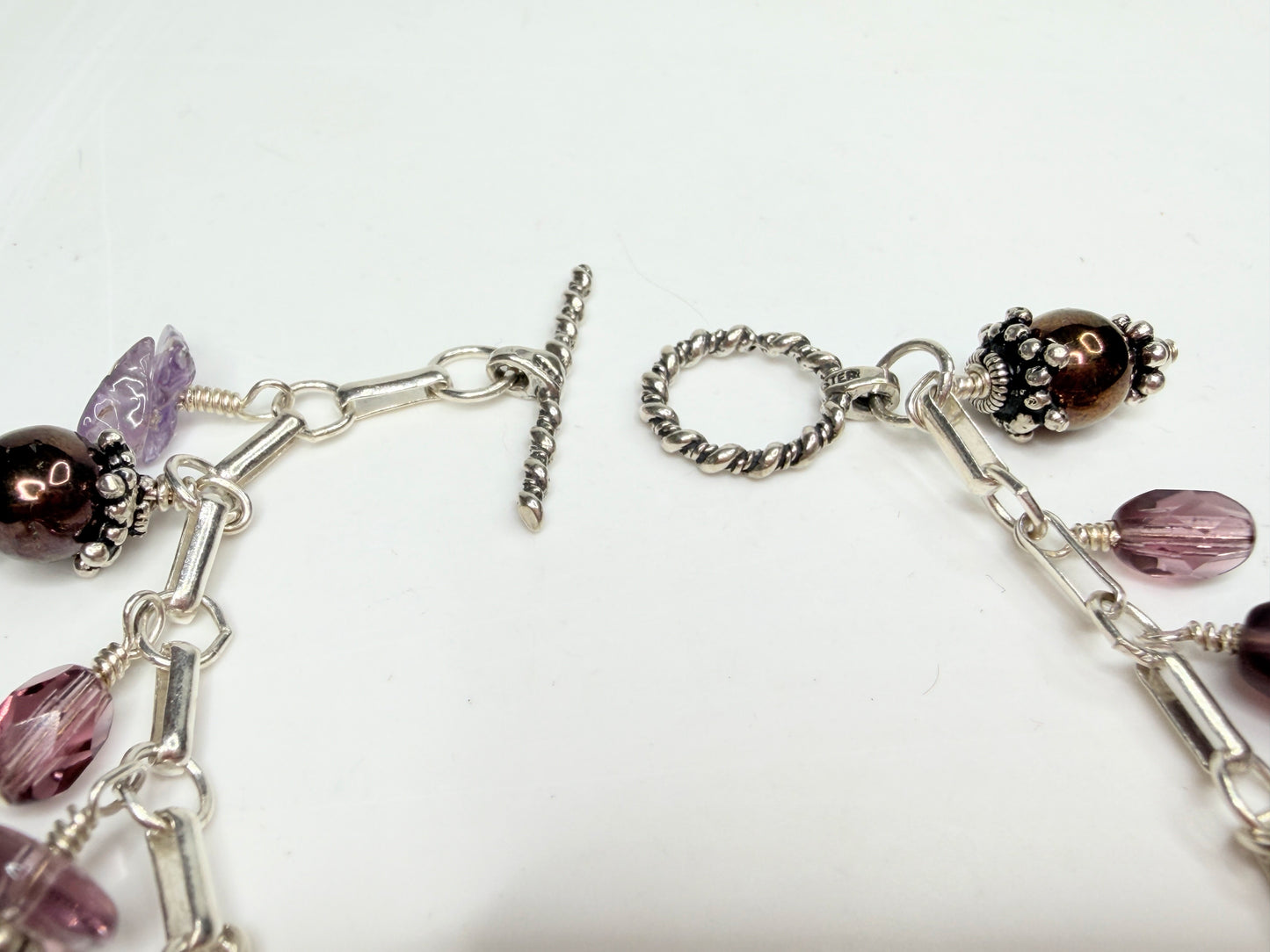 Vintage Sterling Silver Charm Bracelet Amethyst Crystal Hematite 7.25"