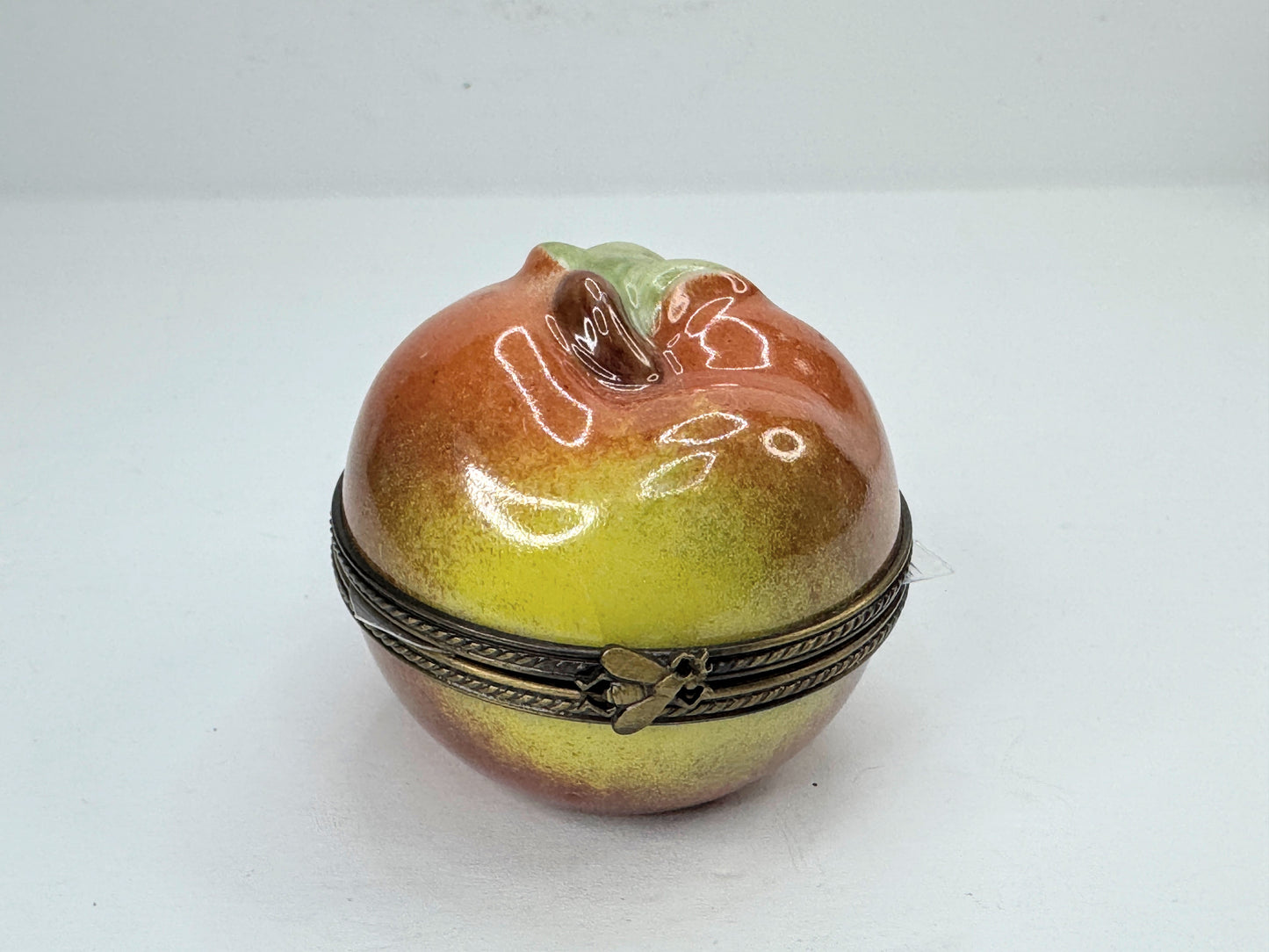 Vintage Limoges France Peint Main Peach Fruit Trinket Box Glass Compote A1187