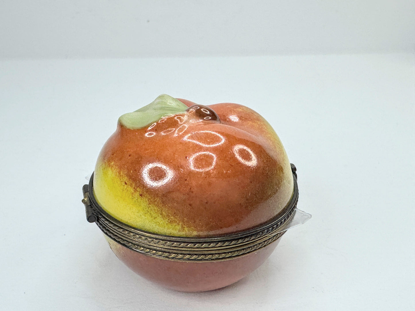 Vintage Limoges France Peint Main Peach Fruit Trinket Box Glass Compote A1187