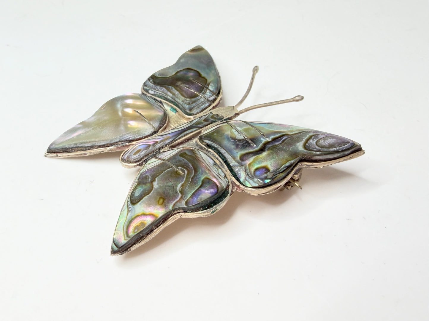Large Vintage Paua Abalone Shell Butterfly Sterling Silver Mexico Brooch Pin 925  JR1269