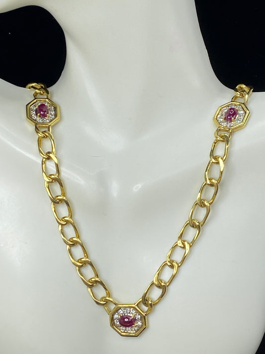 18K 2.4ctw Ruby Cabochon 0.9ctw G/VS2 Diamond station link necklace