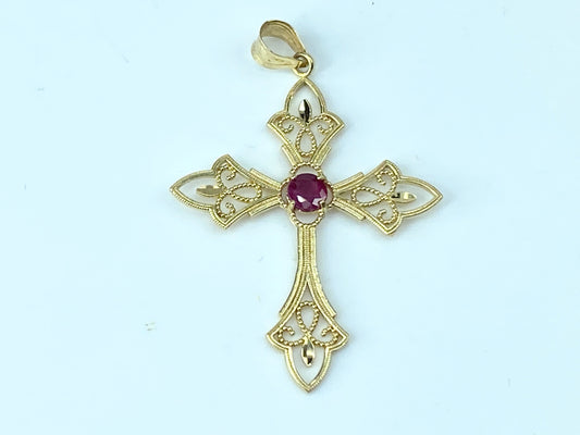 Beautiful 14K gold 0.25ct Ruby Filigree Cross 1 5/8" x 1 1/8" JR9525