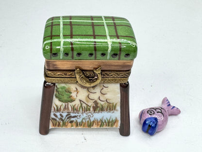 Vintage Elda Creations Limoges Fishing Creel Box with Mini Porcelain Fish A1194