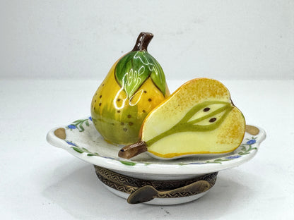 Vintage Limoges France Peint Main Two Pears on Plate Porcelain Trinket Box A1195
