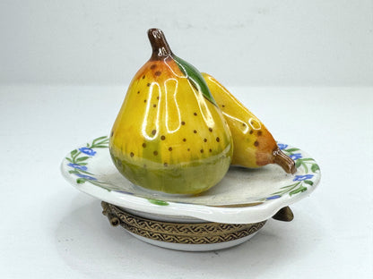 Vintage Limoges France Peint Main Two Pears on Plate Porcelain Trinket Box A1195