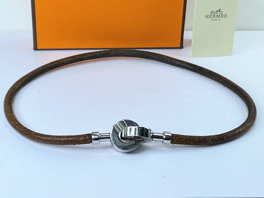 Hermes Leathers & Silver Metal necklace/double wrap bracelet GS494