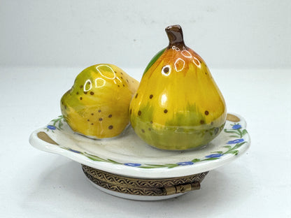Vintage Limoges France Peint Main Two Pears on Plate Porcelain Trinket Box A1195