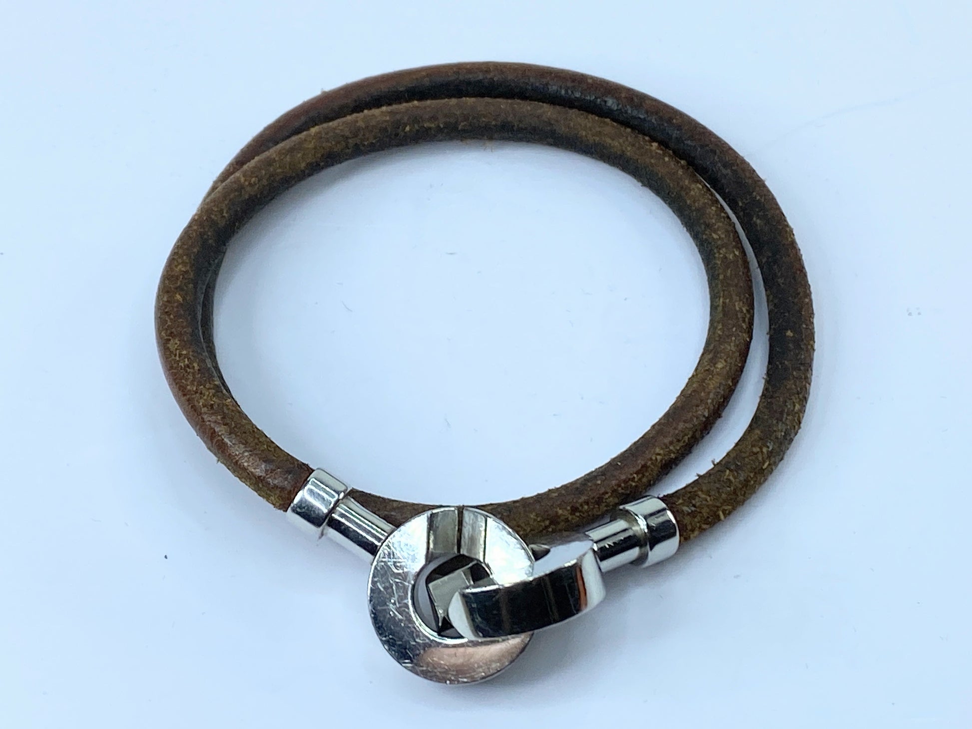 Hermes Leathers & Silver Metal necklace/double wrap bracelet GS494
