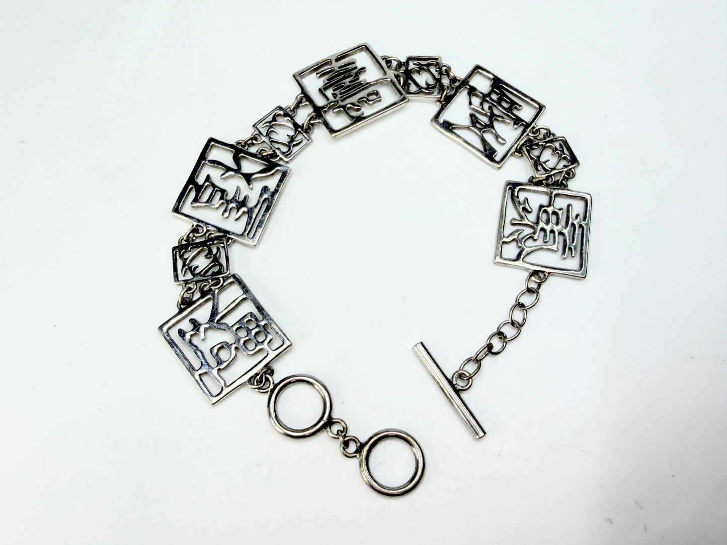 Sterling Silver Chinese Character Openwork Link Bracelet Toggle JR12870