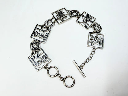 Sterling Silver Chinese Character Openwork Link Bracelet Toggle JR12870