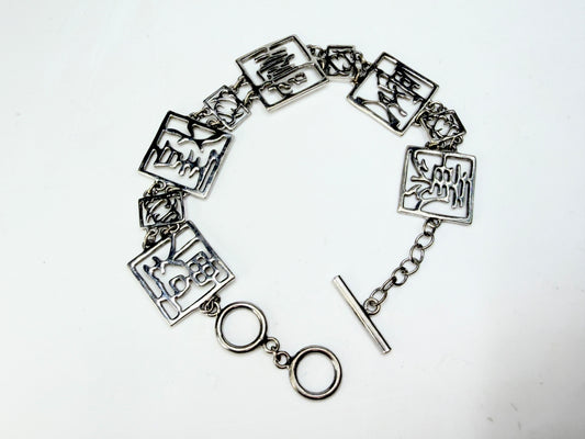 Sterling Silver Chinese Character Openwork Link Bracelet Toggle JR12870